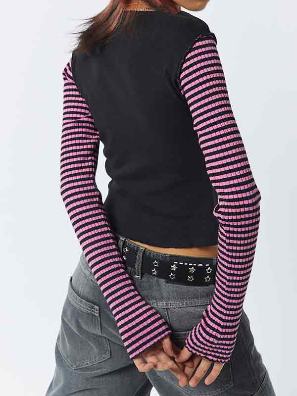 BLACK LONG-SLEEVED SHIRT WITH PINK STRIPED STAR Y2K STRIPED FIT