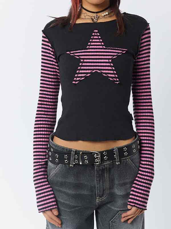 BLACK LONG-SLEEVED SHIRT WITH PINK STRIPED STAR Y2K STRIPED FIT
