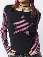 BLACK LONG-SLEEVED SHIRT WITH PINK STRIPED STAR Y2K STRIPED FIT