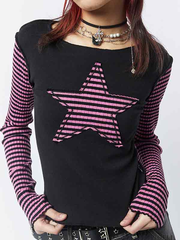 BLACK LONG-SLEEVED SHIRT WITH PINK STRIPED STAR Y2K STRIPED FIT