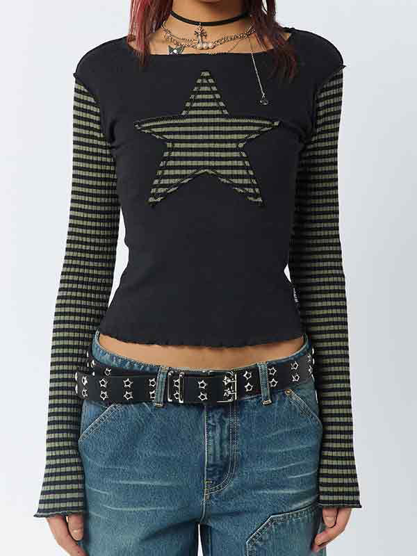 BLACK LONG-SLEEVED SHIRT WITH PINK STRIPED STAR Y2K STRIPED FIT