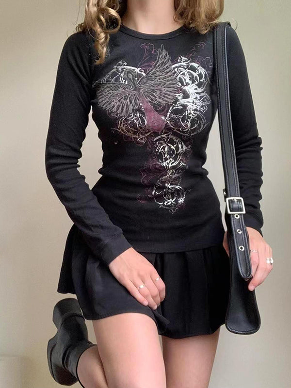 BLACK LONG-SLEEVED SHIRT WITH WINGED CROSS GRAPHIC - BLACK PUNK CROSS