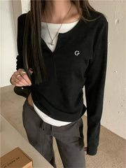 BLACK LONG-SLEEVED TOP WITH WHITE UNDERSHIRT VINTAGE MOCK TWO-PIECE