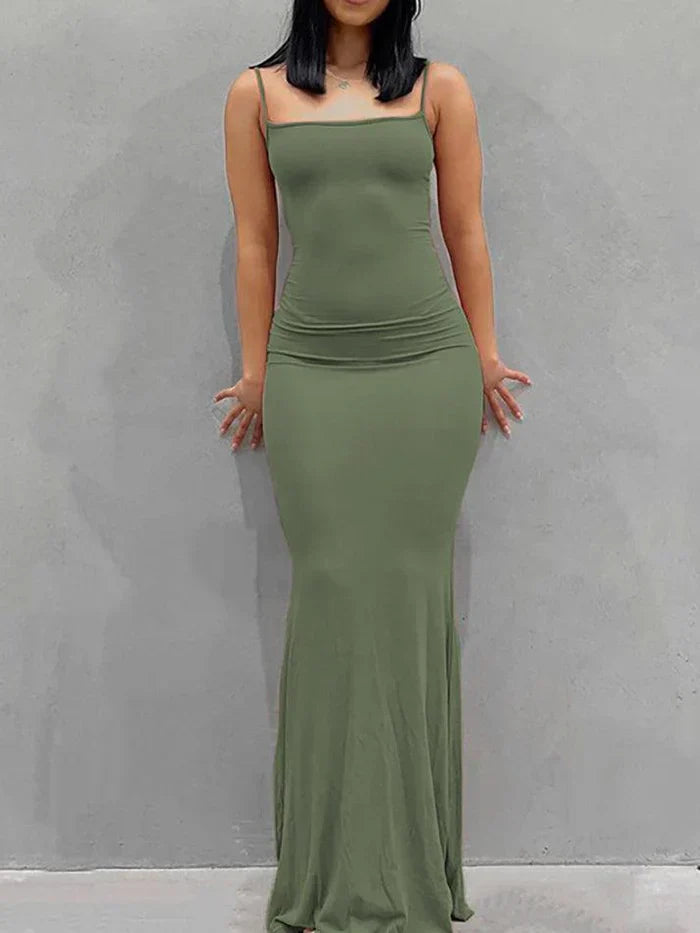 BLACK MAXI DRESS WITH SLIM FIT AND SQUARE NECKLINE