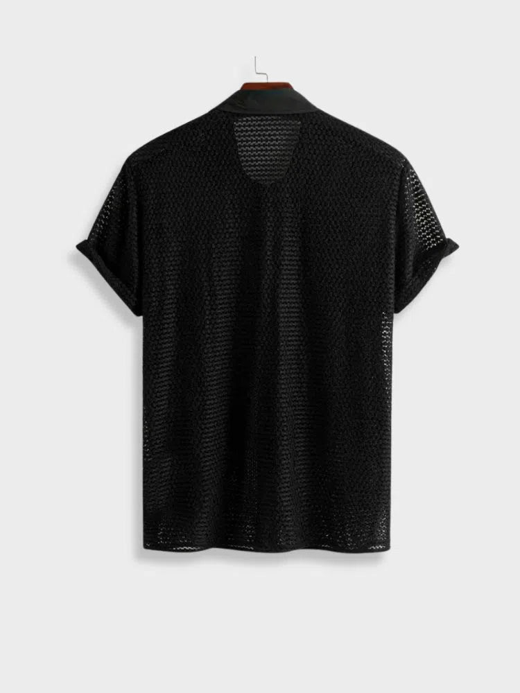 BLACK MESH SHORT-SLEEVED SHIRT CHEMISE STREETWEAR CASUAL