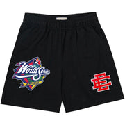 BLACK MESH SHORTS WITH PATCHES