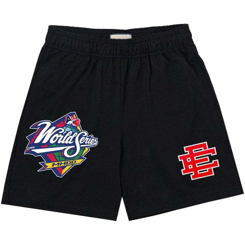 BLACK MESH SHORTS WITH PATCHES