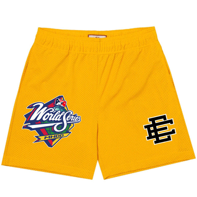 BLACK MESH SHORTS WITH PATCHES