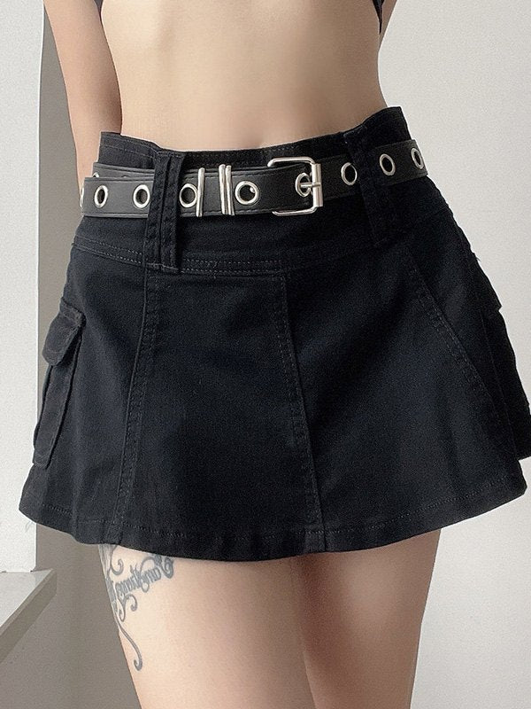 BLACK MINI SKIRT WITH BELT AND LINED CARGO POCKETS