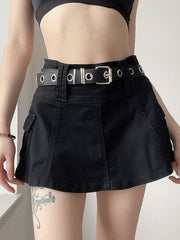 BLACK MINI SKIRT WITH BELT AND LINED CARGO POCKETS