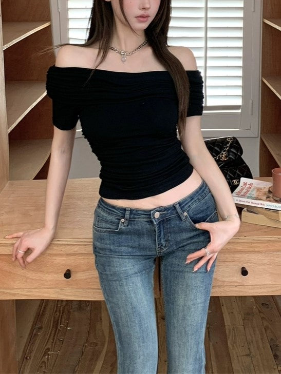 BLACK OFF-THE-SHOULDER TOP AND BLUE JEANS RUFFLE SHORT SLEEVE SET