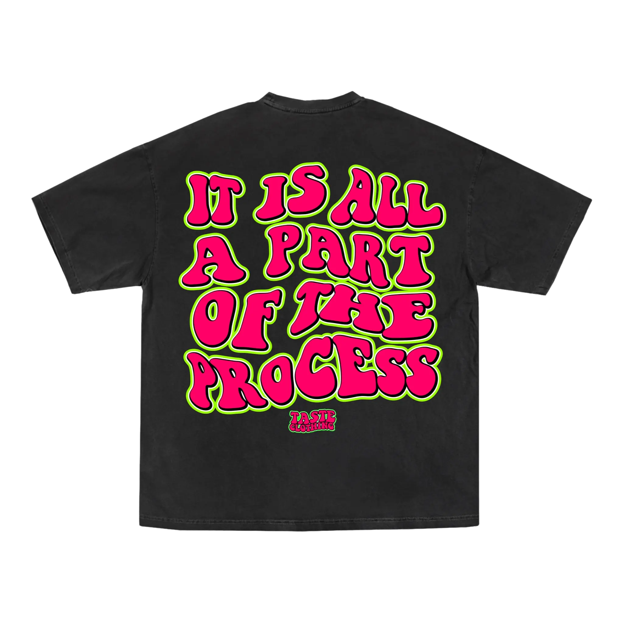 BLACK OVERSIZE SHIRT WITH PINK AND GREEN TEXT FOR ULTIMATE COMFORT