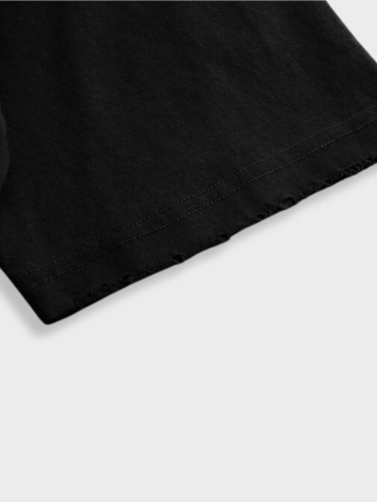 BLACK OVERSIZED DISTRESSED TEE WITH BLUE AND GREEN FACE GRAPHIC