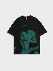 BLACK OVERSIZED DISTRESSED TEE WITH BLUE AND GREEN FACE GRAPHIC