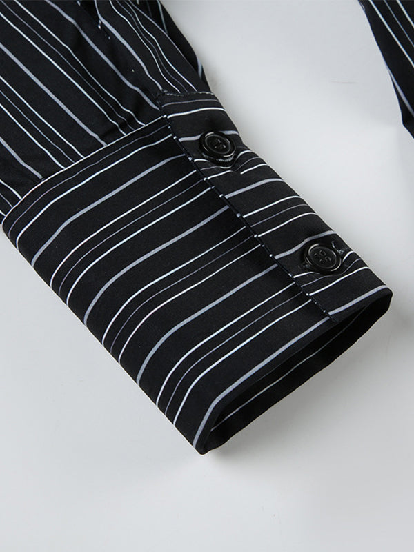 BLACK PINSTRIPE BUTTON-DOWN SHIRT SLIM FIT LONG CASUAL STREET