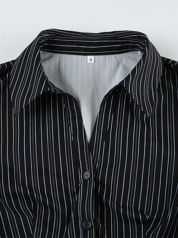 BLACK PINSTRIPE BUTTON-DOWN SHIRT SLIM FIT LONG CASUAL STREET