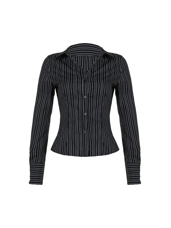BLACK PINSTRIPE BUTTON-DOWN SHIRT SLIM FIT LONG CASUAL STREET