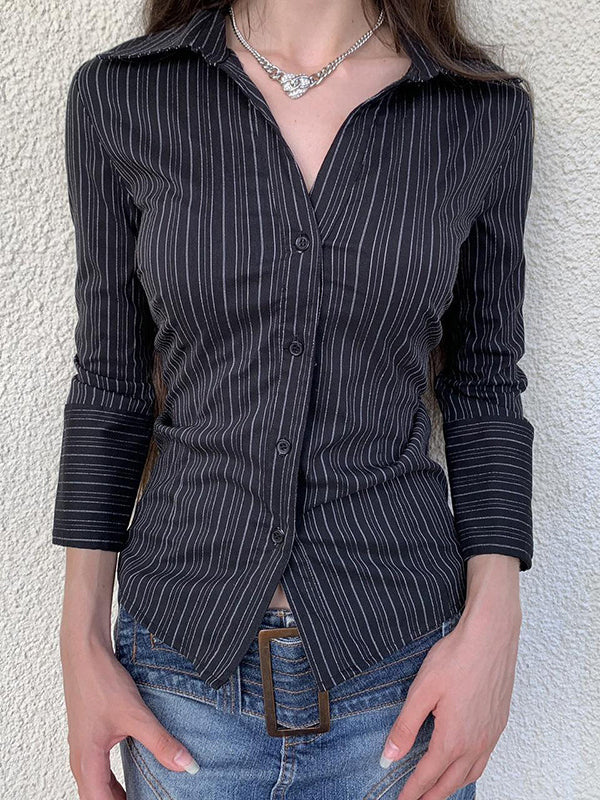 BLACK PINSTRIPE BUTTON-DOWN SHIRT SLIM FIT LONG CASUAL STREET