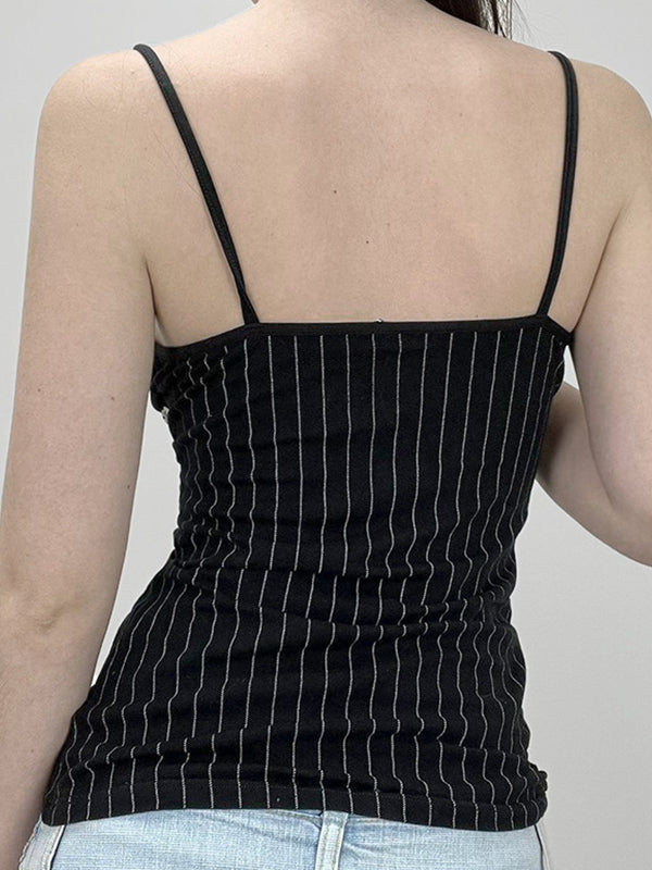 BLACK PINSTRIPE CAMISOLE WITH LACE TRIM SLIM FIT SLEEVELESS CASUAL VINTAGE