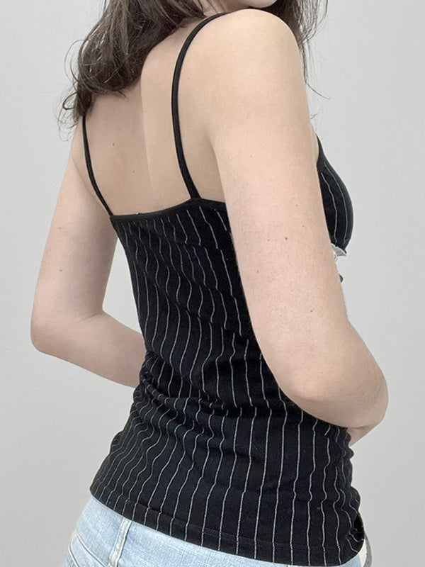 BLACK PINSTRIPE CAMISOLE WITH LACE TRIM SLIM FIT SLEEVELESS CASUAL VINTAGE