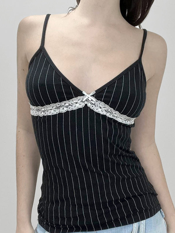 BLACK PINSTRIPE CAMISOLE WITH LACE TRIM SLIM FIT SLEEVELESS CASUAL VINTAGE