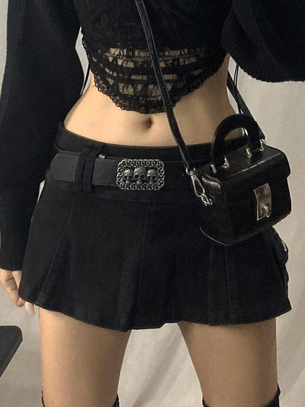 BLACK PLEATED MINI SKIRT WITH SKULL BELT - JET BLACK DENIM STYLE