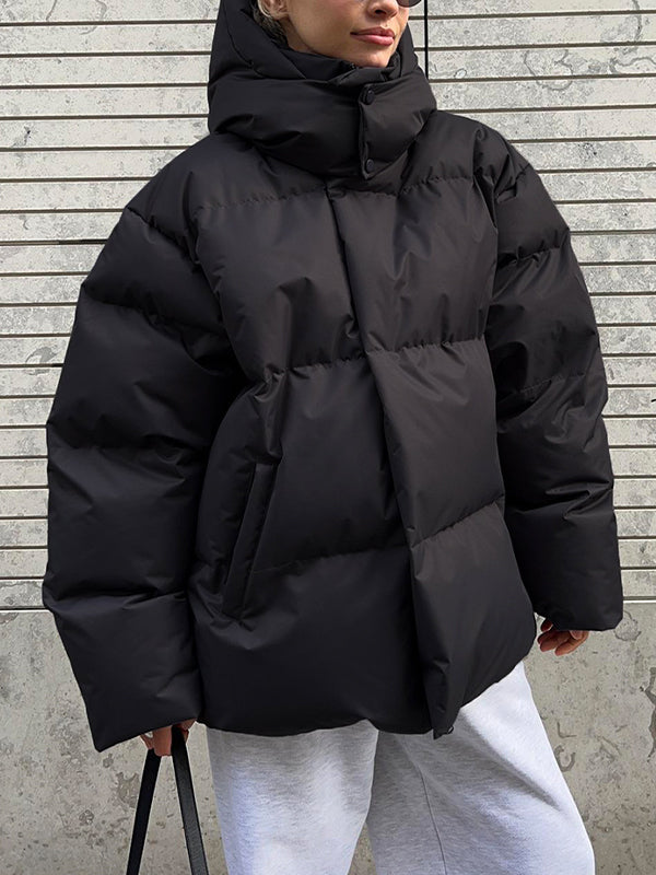 BLACK PUFFER JACKET WITH HOOD - VINTAGE PUFFER FOR COZY COMFORT