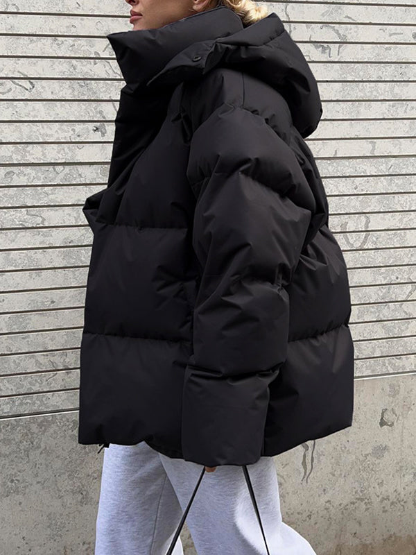 BLACK PUFFER JACKET WITH HOOD - VINTAGE PUFFER FOR COZY COMFORT