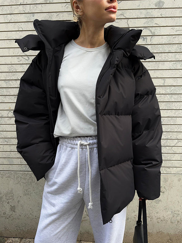 BLACK PUFFER JACKET WITH HOOD - VINTAGE PUFFER FOR COZY COMFORT