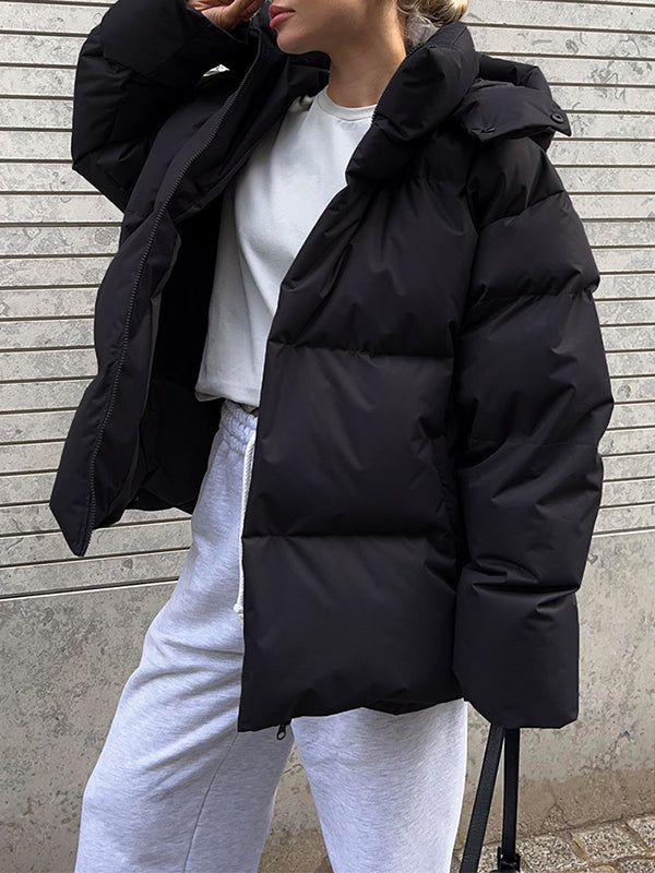 BLACK PUFFER JACKET WITH HOOD - VINTAGE PUFFER FOR COZY COMFORT