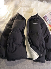 BLACK PUFFER JACKET WITH WHITE SHERPA LINING - VERSATILE LONG SLEEVE JACKET