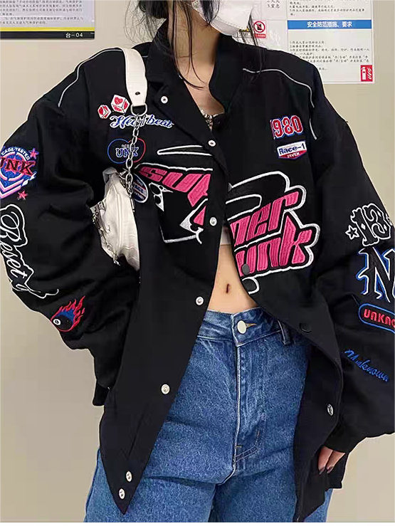 BLACK RACING-STYLE JACKET VINTAGE PUNK CASUAL VINTAGE SUITABLE FOR ALL SEASONS