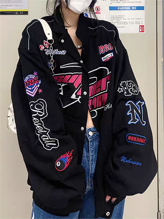 BLACK RACING-STYLE JACKET VINTAGE PUNK CASUAL VINTAGE SUITABLE FOR ALL SEASONS