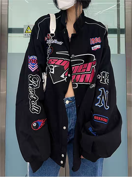 BLACK RACING-STYLE JACKET VINTAGE PUNK CASUAL VINTAGE SUITABLE FOR ALL SEASONS
