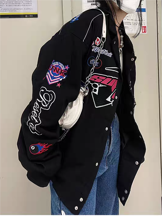 BLACK RACING-STYLE JACKET VINTAGE PUNK CASUAL VINTAGE SUITABLE FOR ALL SEASONS