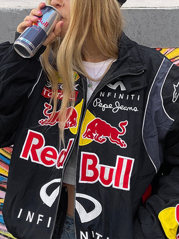 BLACK RED BULL RACING JACKET WITH VINTAGE MOTO CONTRAST COLOR PRINT