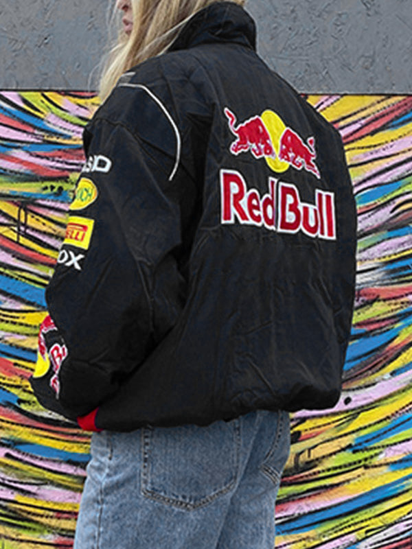 BLACK RED BULL RACING JACKET WITH VINTAGE MOTO CONTRAST COLOR PRINT