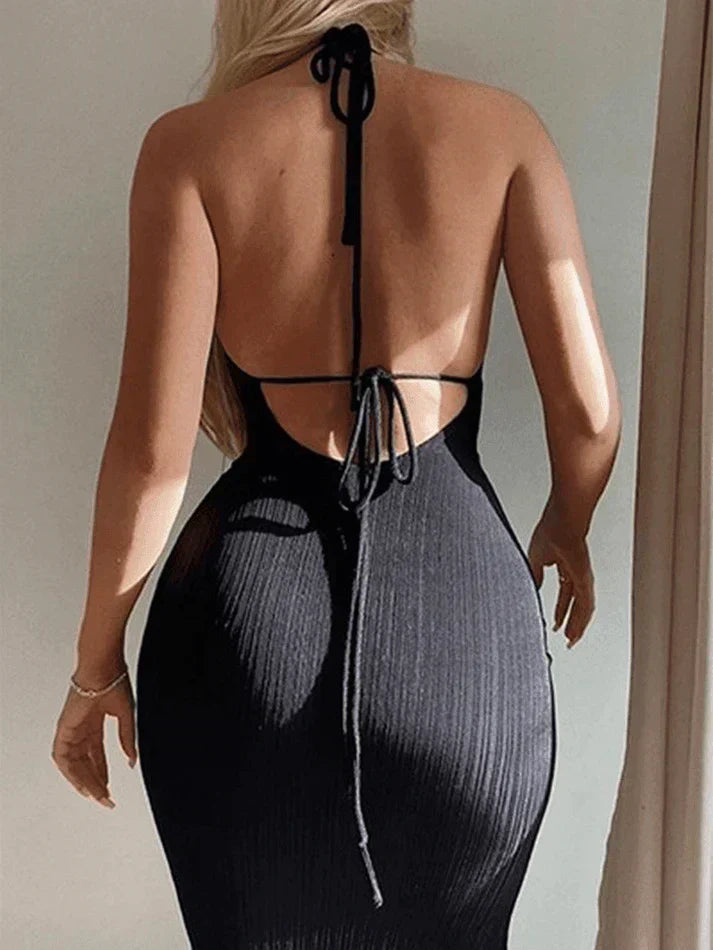 BLACK RIBBED HALTER DRESS WITH STRAPPY DETAILS