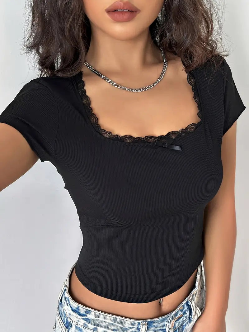 BLACK RIBBED KNIT TOP WITH LACE TRIM AND SQUARE NECKLINE