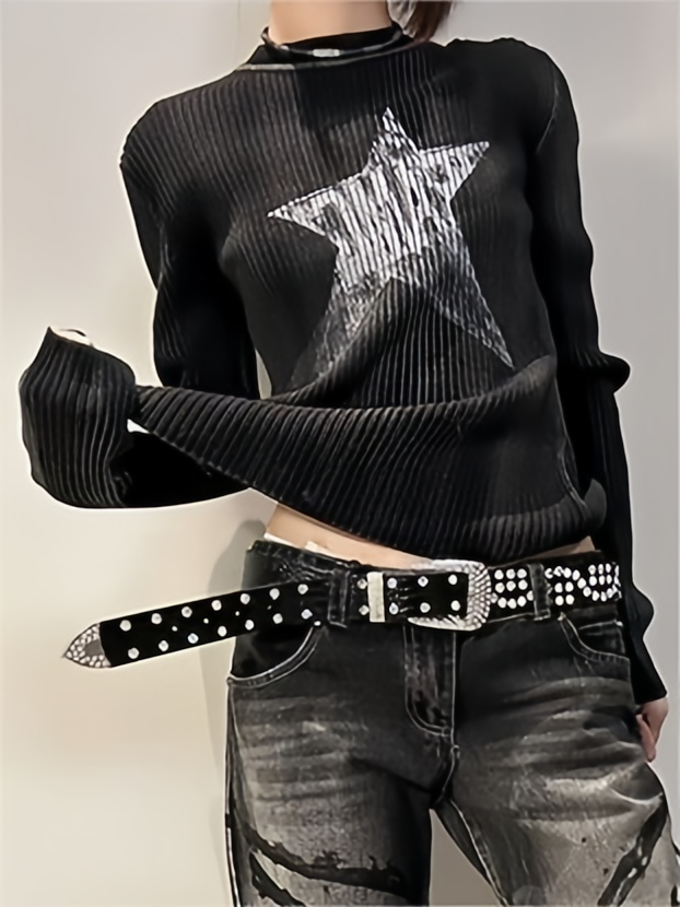 BLACK RIBBED LONG SLEEVE TOP WITH STAR DESIGN SLIM RIB LONG