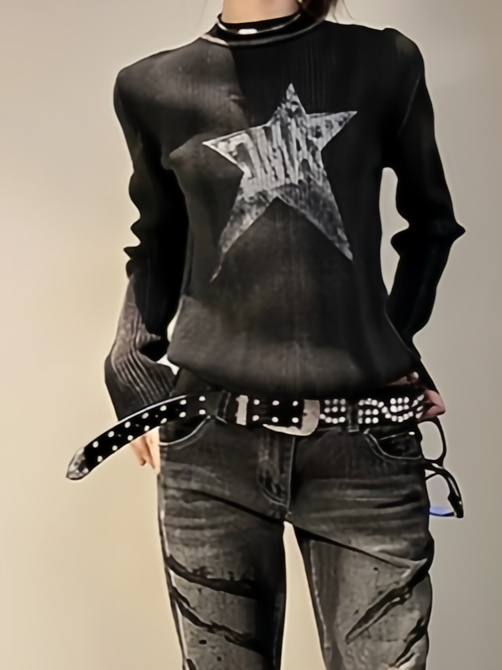 BLACK RIBBED LONG SLEEVE TOP WITH STAR DESIGN SLIM RIB LONG