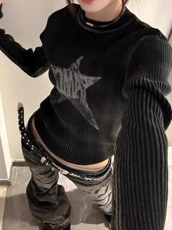 BLACK RIBBED LONG SLEEVE TOP WITH STAR DESIGN SLIM RIB LONG
