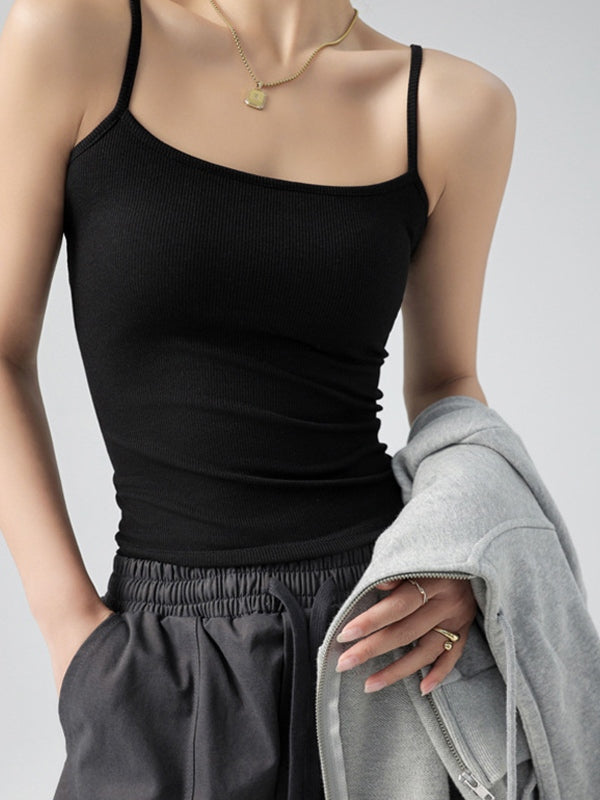 BLACK RIBBED TANK TOP ROUND NECK CAMI
