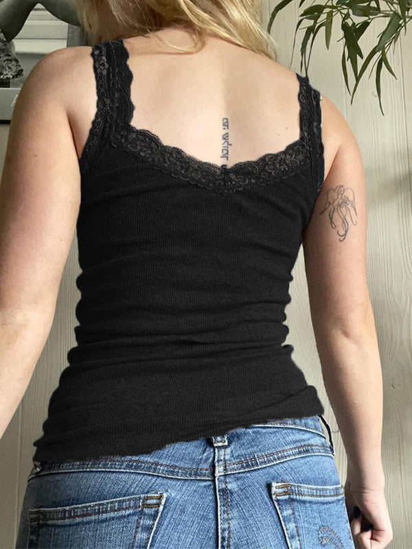 BLACK RIBBED TANK TOP WITH LACE DETAILS FOR COMFORTABLE ALL-DAY WEAR