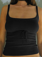 BLACK RIBBED TANK TOP WITH TIE SLIM FIT HALTERNECK CROP
