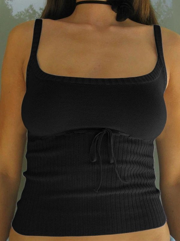 BLACK RIBBED TANK TOP WITH TIE SLIM FIT HALTERNECK CROP