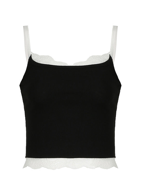 BLACK RIBBED TANK TOP WITH WHITE LACE TRIM - CONTRAST BLACK CAMI