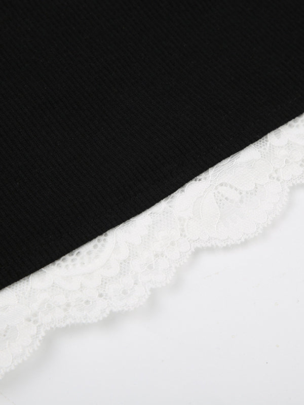BLACK RIBBED TANK TOP WITH WHITE LACE TRIM - CONTRAST BLACK CAMI