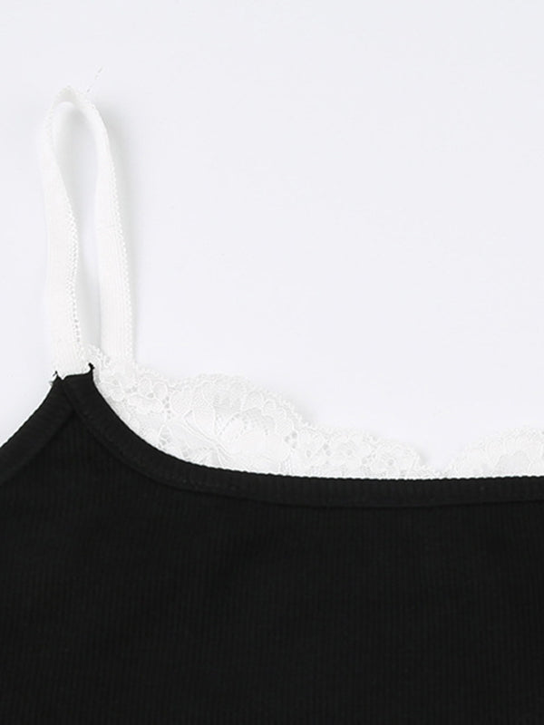 BLACK RIBBED TANK TOP WITH WHITE LACE TRIM - CONTRAST BLACK CAMI