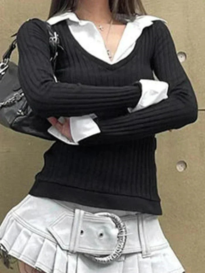 BLACK RIBBED V-NECK SWEATER WITH WHITE COLLAR AND CUFFS Y2K TURTLENECK